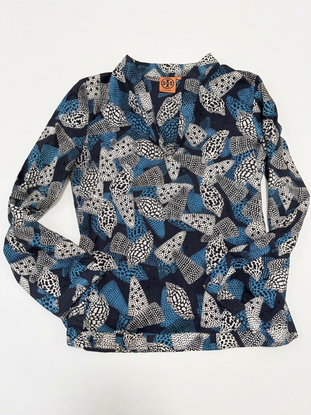 Tory Burch Seashell Print Tunic Blouse | Size 2 | Blue White Navy Sequin V-Neck